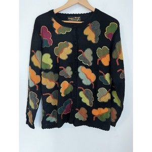 Designer Threads L Knitted By Hand 100% Alpaca Leaf Pattern Cardigan Art…
